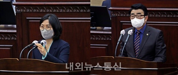 (왼쪽부터)5분 자유발언하는 송미애 의원, 최경천 의원